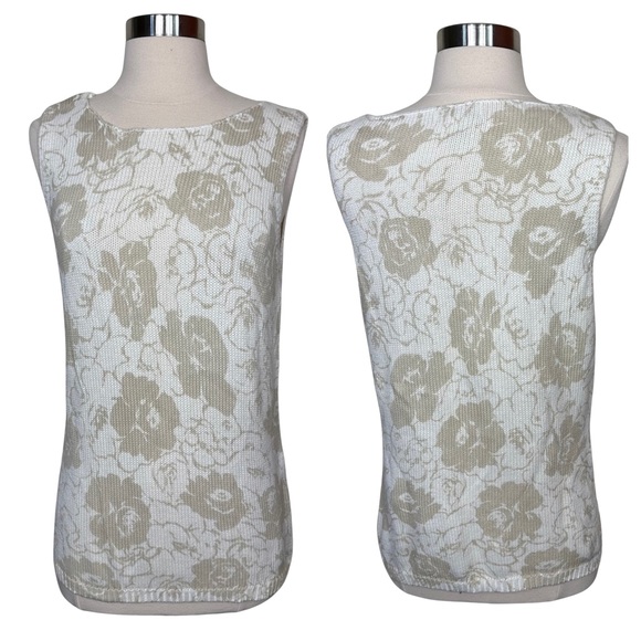Eddie Bauer Cotton Knit Floral Print Cream Tan Scoop Neck Sweater Vest Medium - Picture 1 of 7